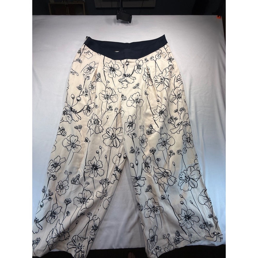 Cider Women 1XL Wide Leg Pants Cream Navy Floral Print Pleated High Waist Pants